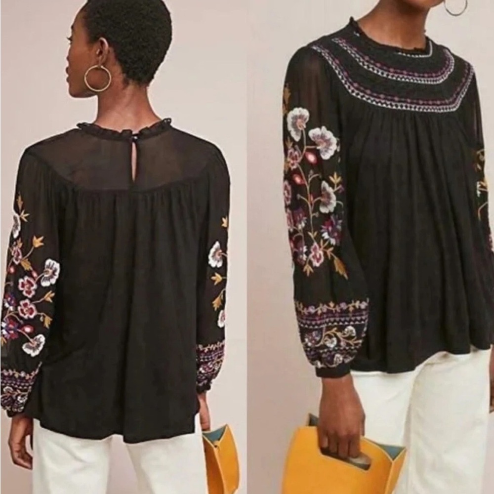 Anthropologie Akemi + Kin Louise Blouse Peasant Embroidered Black - Picture 2 of 8